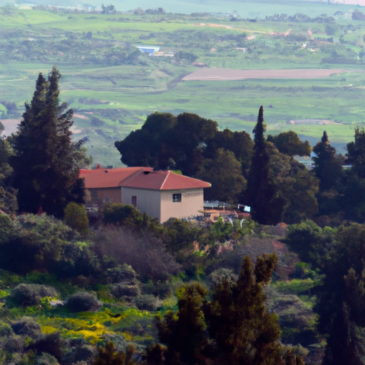 נוף פנורמי של נופי הגליל הירוקים והמוריקים עם בית כפרי משגע בחזית.