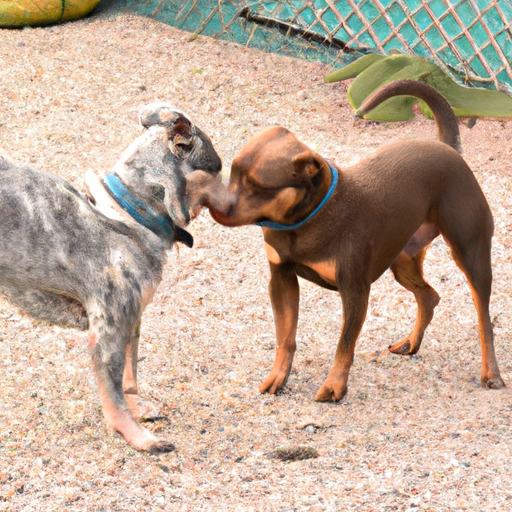 שני כלבים משחקים יחד באזור המשחקים של מעון יום, המדגימים את היבט הסוציאליזציה.