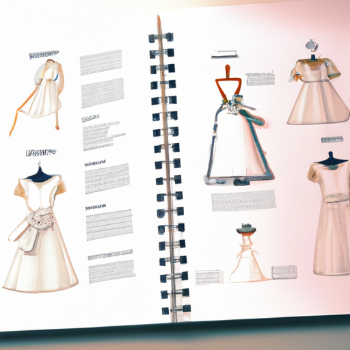 1. תמונה של פנקס סקיצות עם עיצובים שונים של שמלות כלה, המציגה את תהליך ההמשגה.